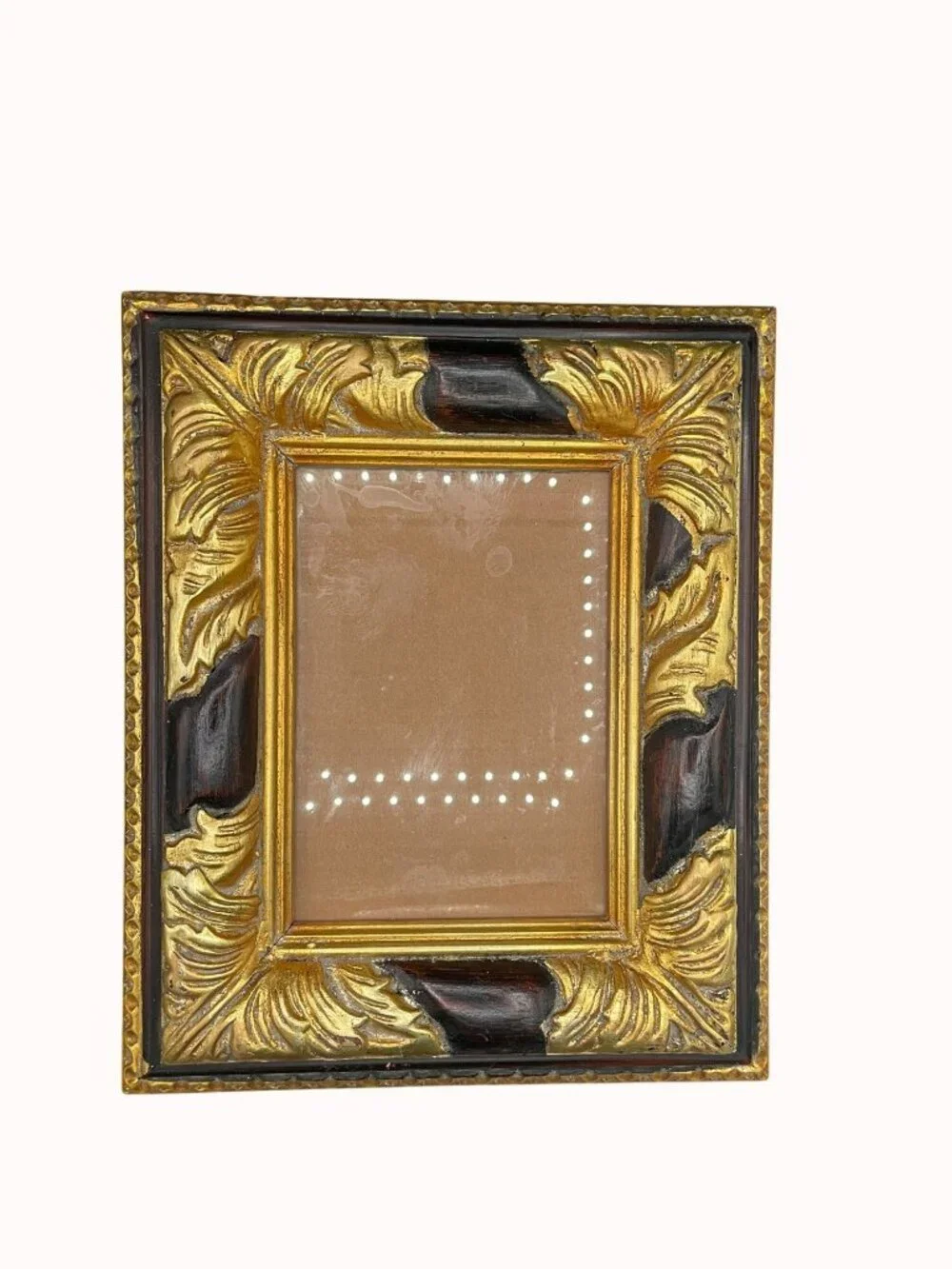 Vtg Ornate Gold & Black Picture Frame Leaf Design 5x7 Inches Tabletop/Wall Mount